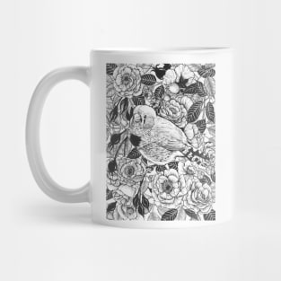 Zebra finch and rose bush ink drawing Mug